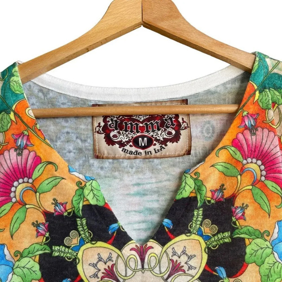 AMMA Tunic Top Women’s M Multicolor Elbow Sleeve Floral Abstract Artsy Blouse - Picture 3 of 3